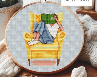 Patrón de punto de cruz para niña con libro (PDF), adorno hecho a mano, regalo para amiga, diseño de bordado moderno y bonito de punto de cruz, lienzo bordado