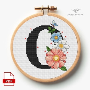 Patrón de punto de cruz con letra O personalizada, diseño de bordado floral, letra moderna, divertida, punto de cruz, flores, decoración de pared para bebé hecha a mano