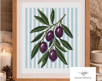 Olive Cross Stitch Pattern PDF, Fruit Embroidery Design, Kitchen Decor, Cottagecore Wall Art, Botanical Punto de Cruz, Instant Download