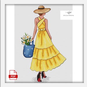 Lady in yellow dress pdf cross stitch sewing pattern  handmade gift for friend unique and cute modern embroidery design needlepoint canvas