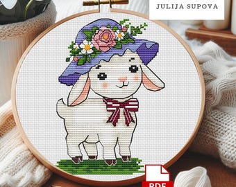 Cute sheep cross stitch embroidery design pdf farm animals rustic point de croix ornament punto de cruz embroidery pattern xstitch art