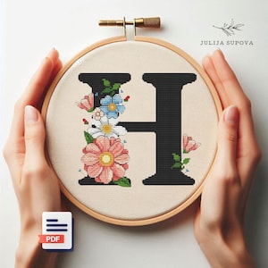 Patrón de punto de cruz con letra H personalizada, diseño de bordado floral, letra moderna, divertida puntada de cruz, flores, decoración de pared para bebé hecha a mano