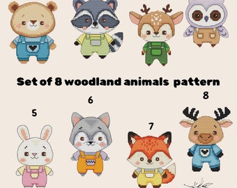 Set of 8 Cross stitch woodland animals pdf pattern modern and small hand embroidery design needlepoint baby mini art embroidery xstitch