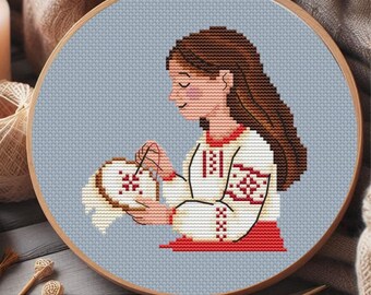 女の子の絵画クロスステッチパターン、アート刺繍デザイン、女性の