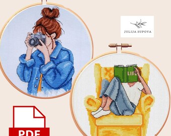 Set of 2 cross stitch pattern girl with book pdf ornament handmade gift for friend Punto de cruz modern embroidery design needlepoint canvas