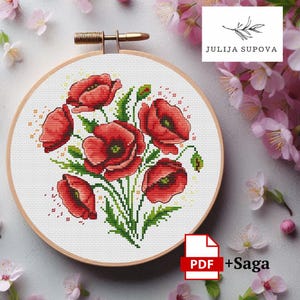Klaproos Kruissteekpatroon bloemen modern borduurwerk bloemenkaartontwerp eenvoudig kruissteek botanisch ornament borduren natuur sampler