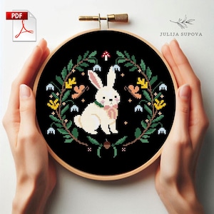Hase Kreuzstich Design Stickmuster Hase Sampler rustikale primitive Dekor minimalistisch Waldtiere Hand Nähen Nadelspitze Kunst