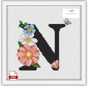 Patrón de punto de cruz con letra N personalizada, diseño de bordado floral, letra moderna, divertida puntada de cruz, flores, decoración de pared para bebé hecha a mano