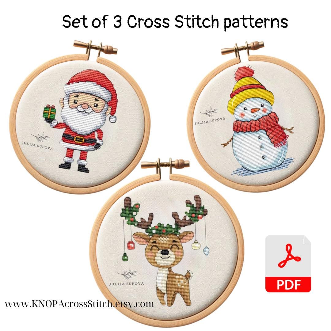 Set of 3 Christmas Cross stitch pdf pattern funny Santa modern and unique hand embroidery design new year needlepoint canvas home decor
