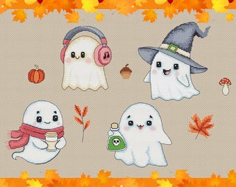 Set of 4 Cute ghosts halloween Cross stitch pattern scary funny ornament handmade pdf modern embroidery design easy needlework for beginners