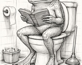 Kikker op toilet leest een boek – grappige afdrukbare muurkunst potloodschets (zwart-wit)