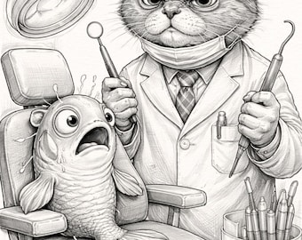 Grumpy Cat-tandarts – grappige afdrukbare muurkunst potloodschets (zwart-wit)