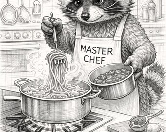 Raccoon Cooking Spaghetti – Funny Pencil Sketch Printable Wall Art (Black & White)