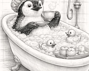 Penguin Bath Time – Cute Funny Pencil Sketch Printable Wall Art (Black & White)