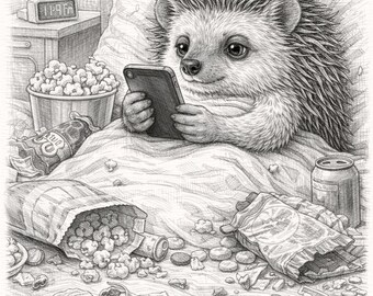 Hedgehog Scrolling in Bed – Funny Pencil Sketch Printable Wall Art (Black & White)