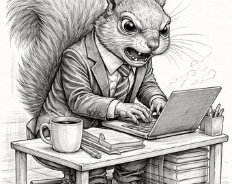 Angry Squirrel Office Worker – Funny Pencil Sketch Printable Wall Art (Black & White)