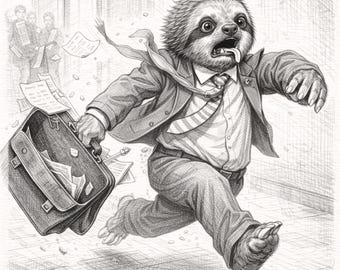 Luiaard laat voor het werk – grappige afdrukbare muurkunst potloodschets (zwart-wit)