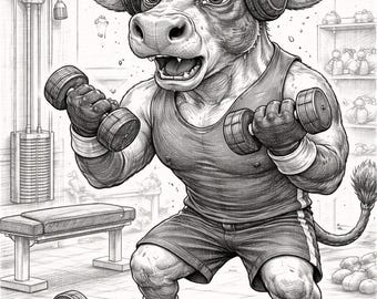 Gym Cow Lifting Weights – Funny Pencil Sketch Printable Wall Art (Black & White)