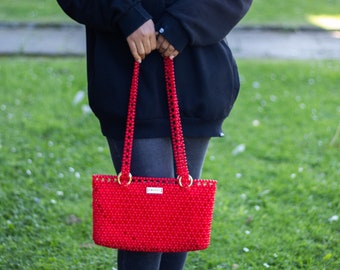 Handmade Red Beaded Boho Bag: Acrylic Bead Tote
