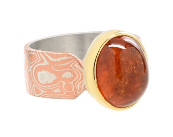 gold and Sunstone and Mokume Gane ring