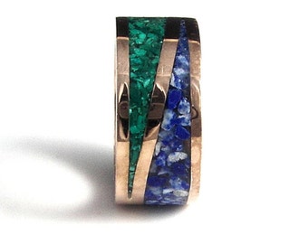 Bronze & Silver  Ring for Men, Malachite and Lapis