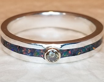Crushed black  fire opal with champagne diamond in Sterling Silver Band