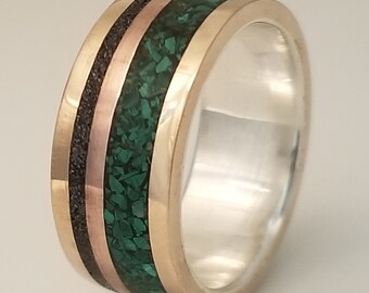 Silver,Bronze and Copper ring with Malachite and Silicon Carbide Inlay