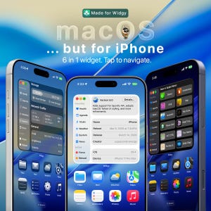 Könnte beinhalten: Drei iPhones zeigen eine benutzerdefinierte Widget-Oberfläche. Der Text "macOS... but for iPhone" ist sichtbar, zusammen mit "6 in 1 widget. Tap to navigate." Die Widgets zeigen App-Symbole und Systeminformationen.