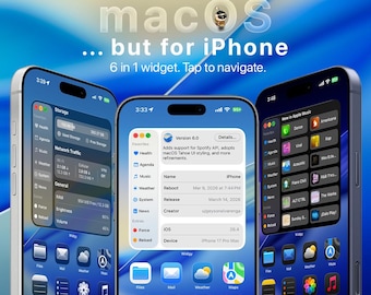 May include: Three iPhones displaying a custom widget interface. The text "macOS... but for iPhone" is visible, along with "6 in 1 widget. Tap to navigate." The widgets show app icons and system information.