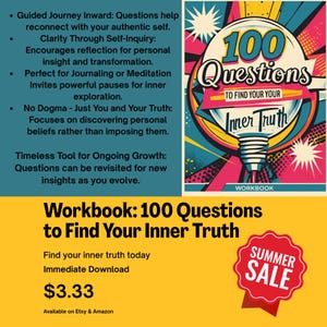 May include: A workbook titled "100 Questions to Find Your Inner Truth" with a colorful design. The cover features a lightbulb illustration and the text "Summer Sale" on a red sticker. The workbook is available for immediate download.