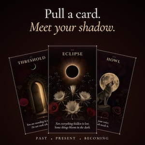May include: Three oracle cards titled The Rebel Spirit Oracle, labeled Threshold, Eclipse, and Howl. The cards feature dark, atmospheric illustrations of a stone archway, a solar eclipse over white flowers, and a wolf howling at a full moon.