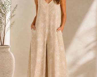 Floral Linen Blend Jumpsuit for Women – Sleeveless Wide Leg Summer Outfit with Embroidered Flowers