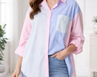 Colorblock Striped Asymmetric Longline Shirt, Women's Loose Fit Tunic Top