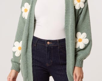 3D Daisy Flower Cardigan: Women's Cozy Knit, Autumn/Winter