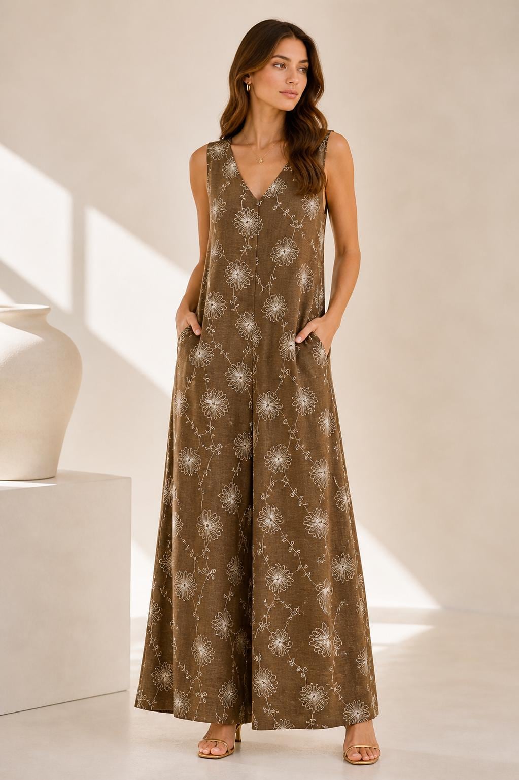 Floral Linen Blend Jumpsuit for Women – Sleeveless Wide Leg Summer ...