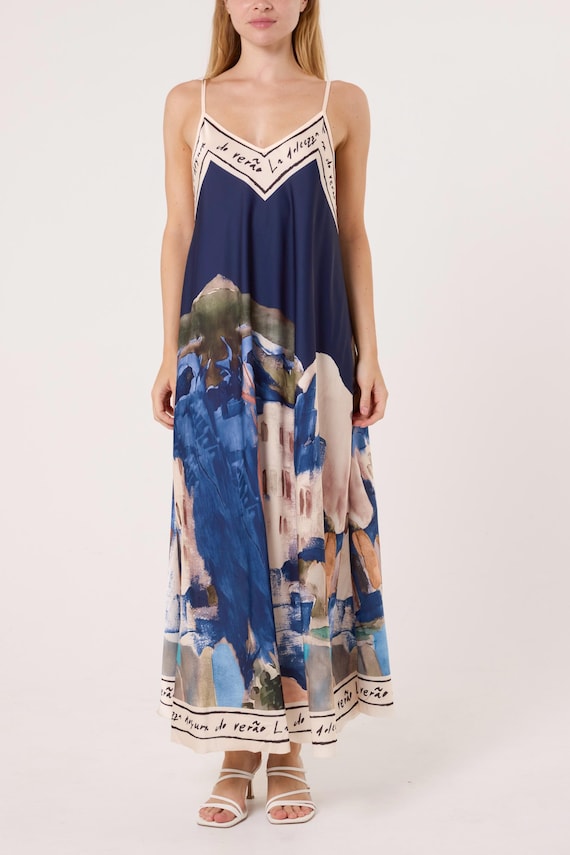 holiday print swing dress Satin Cami Border Dress- One Size-summer Dress-sleeveless-cami Dress-holiday Outfits-gift for Her-casual and a sweet light