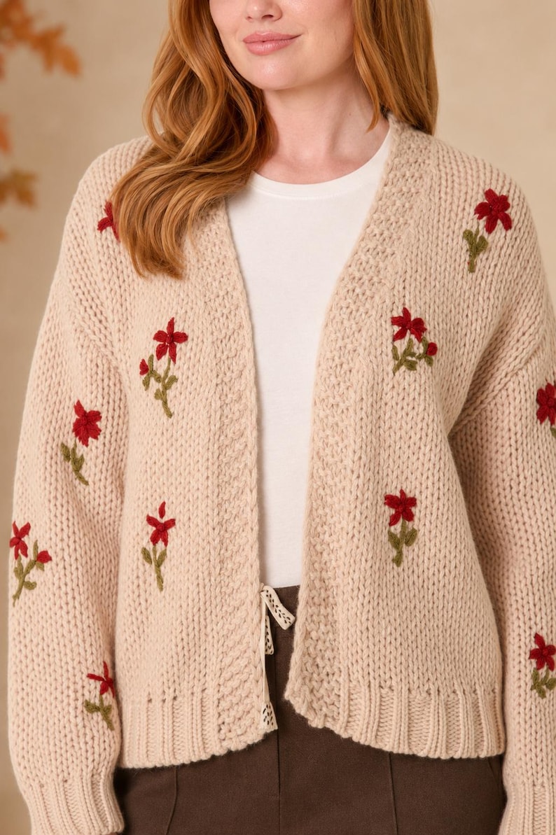 May include: A beige open-front knit cardigan featuring long sleeves and a ribbed hem. The garment is decorated with embroidered red flowers with green stems scattered across the front and sleeves. It is worn over a plain white t-shirt.