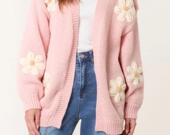 Cardigan con margherite 3D: Maglia comoda da donna, autunno/inverno