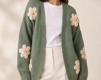 3D-vest met madeliefjesmotief: comfortabel gebreid vest voor dames, herfst/winter