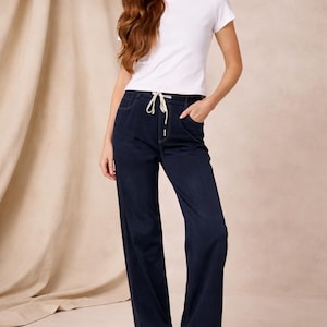 Denimjeans med resår i midjan och dragsko för kvinnor | avslappnade, vida pull-on-byxor