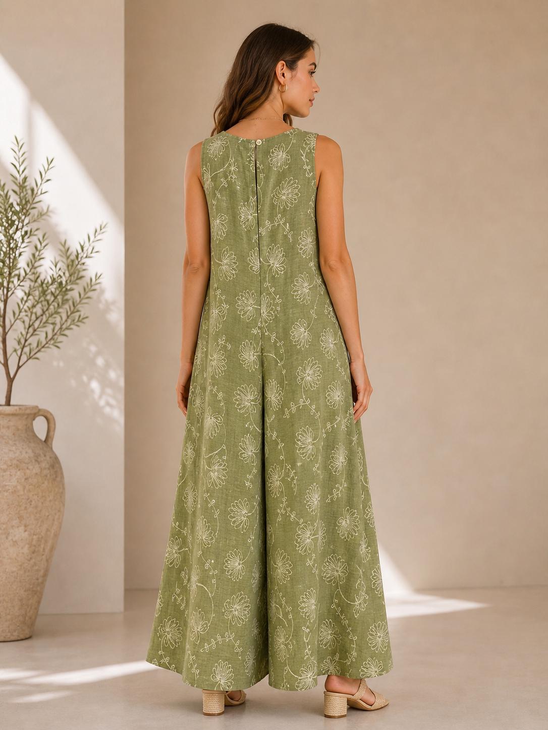 Floral Linen Blend Jumpsuit for Women – Sleeveless Wide Leg Summer ...