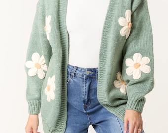 3D Daisy Flower Cardigan: Women's Cozy Knit, Autumn/Winter
