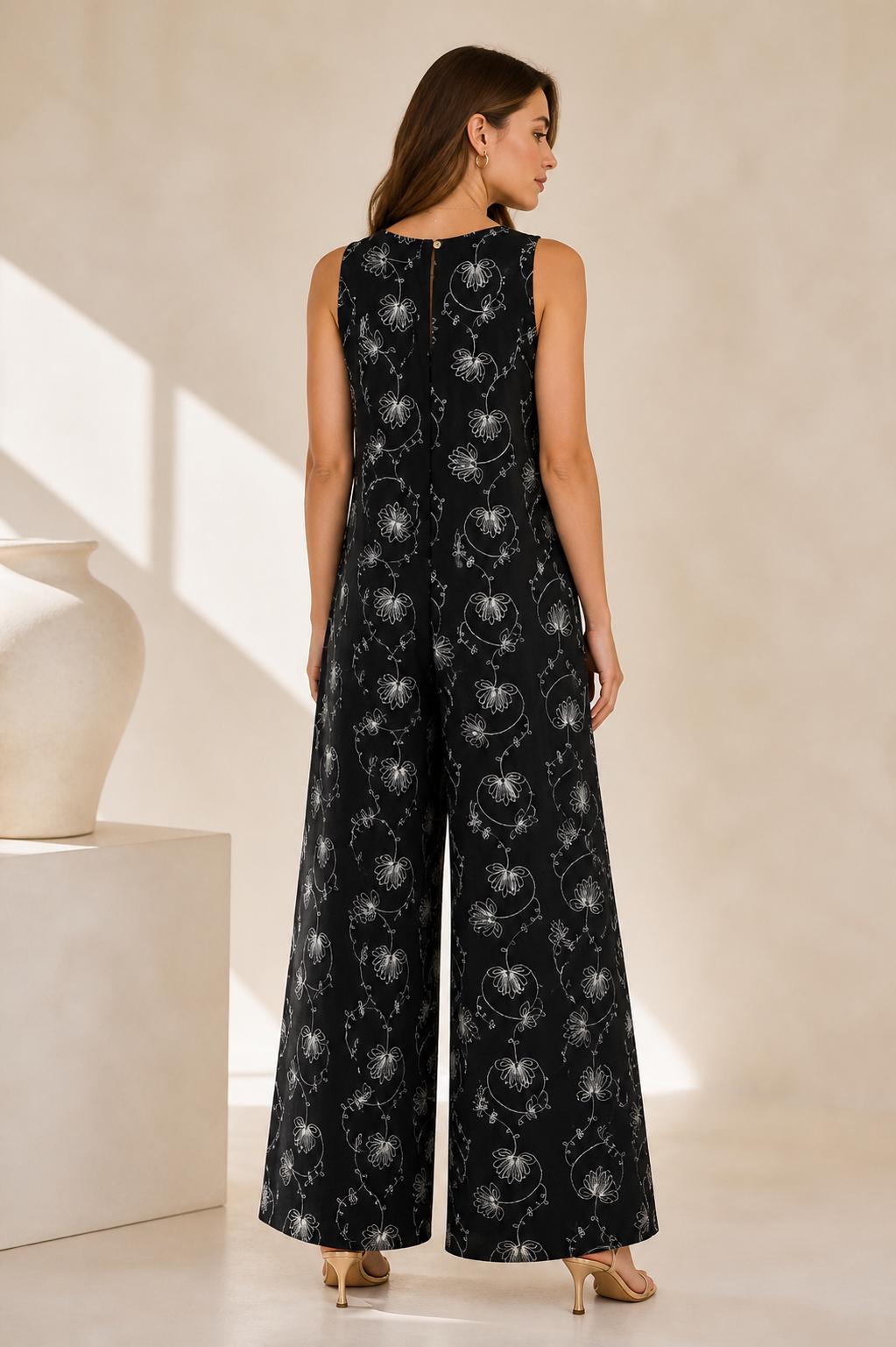 Floral Linen Blend Jumpsuit for Women – Sleeveless Wide Leg Summer ...