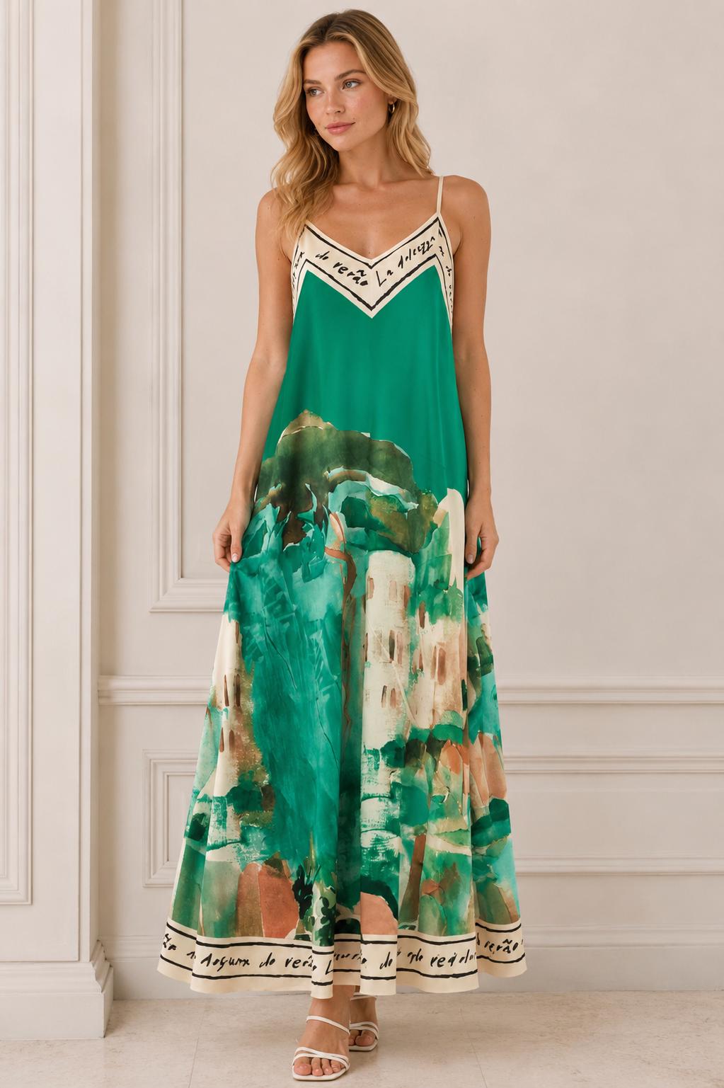 Satin Cami Border Print Swing Dress- One Size-summer Dress