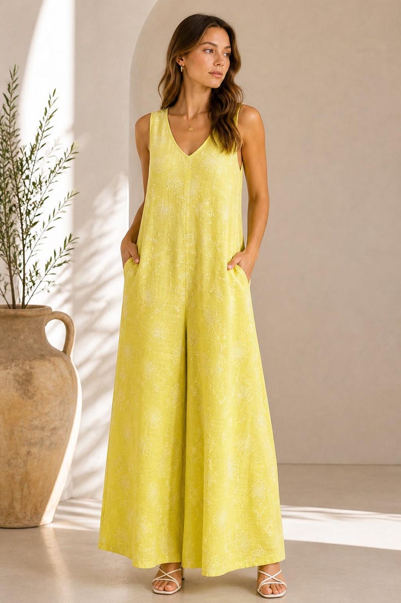Floral Linen Blend Jumpsuit for Women – Sleeveless Wide Leg Summer ...