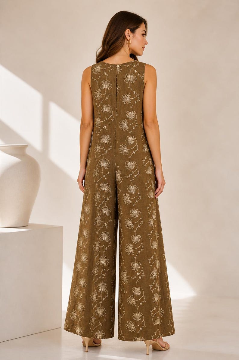 Floral Linen Blend Jumpsuit for Women – Sleeveless Wide Leg Summer ...