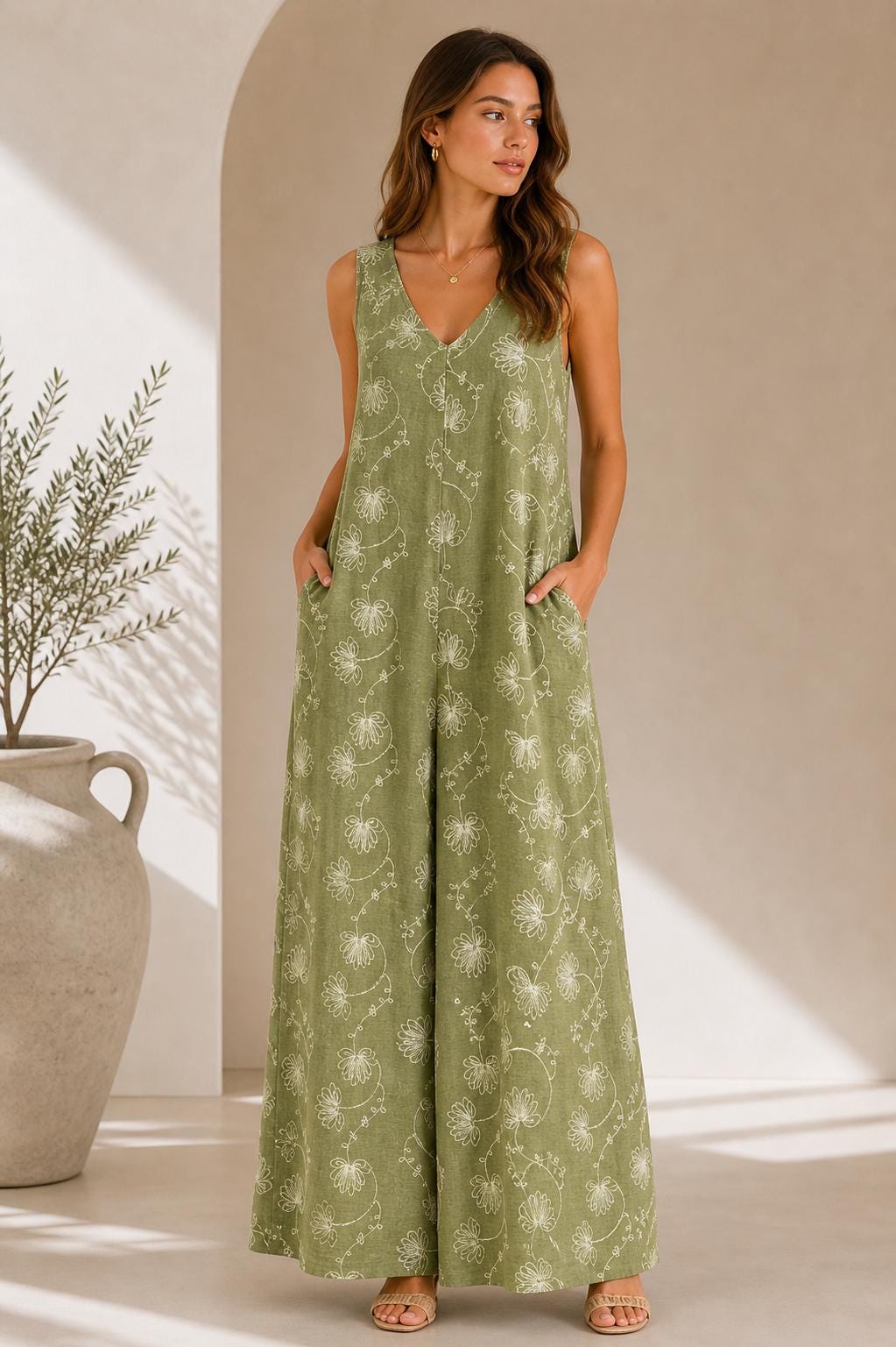 Floral Linen Blend Jumpsuit for Women – Sleeveless Wide Leg Summer ...