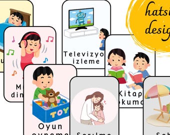 100 Turkish Daily Routines Flashcards - digital download - printable educational cards Bilingual Nomenclature Flashcards - preschool
