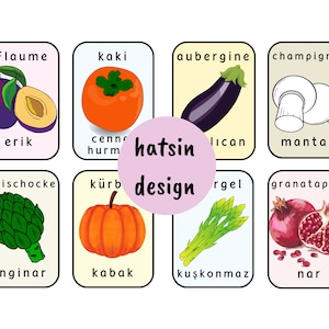 Türkisch Deutsches Essen (100 Karten) Karteikarten - Türkisch Deutsch Nomenklatur Karteikarten für Kinder - pdf - digitaler Download