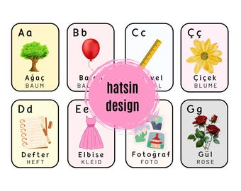 Das Türkische Alphabet (29 Karten) mit der deutschen Übersetzung - Türkisch-Deutsch zweisprachig - printable card Zweisprachige Nomenklatur Karteikarten für Kinder
